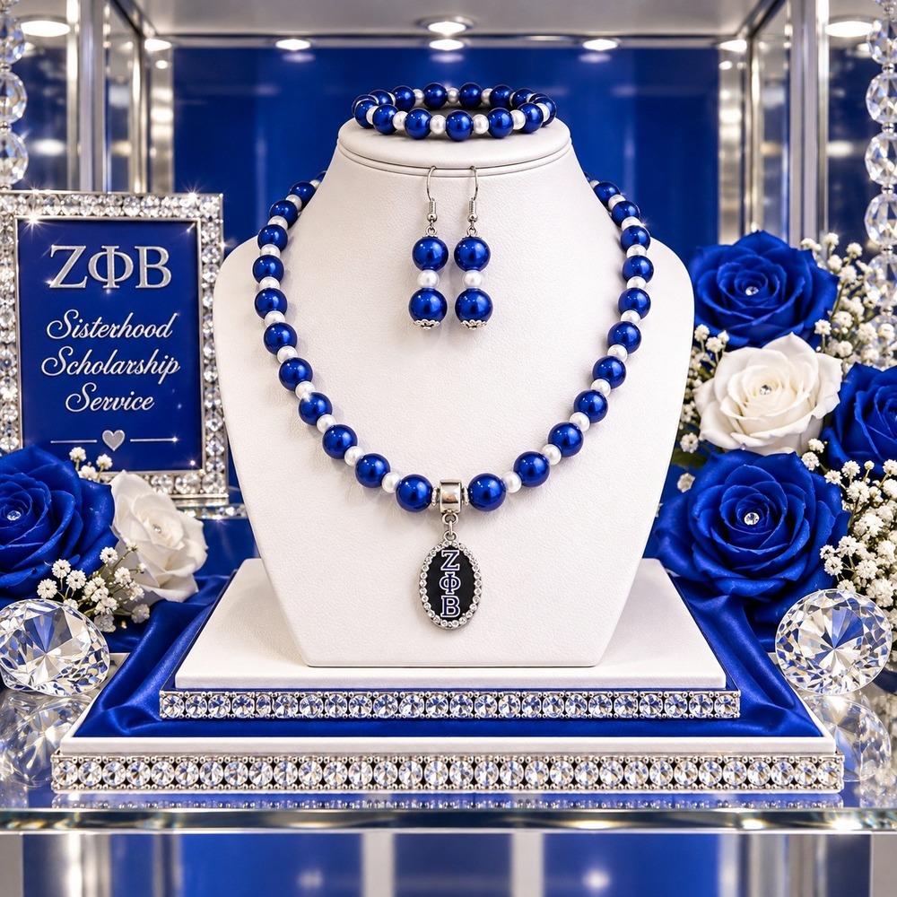Zeta Phi Beta Jewelry Set Blue and white Necklace, Bracelet and Earrings
